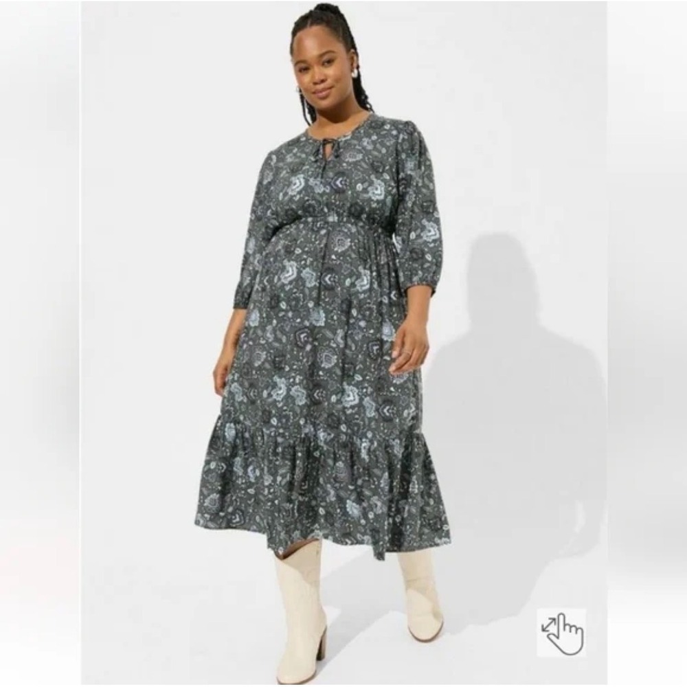 Torrid Grey Floral Paisley Midi Dress Tie Neck Smocked Waist Plus Size 0 L